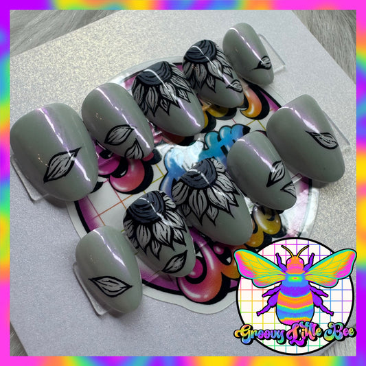 MADE TO ORDER Grey Sunflower Nails **read full caption**